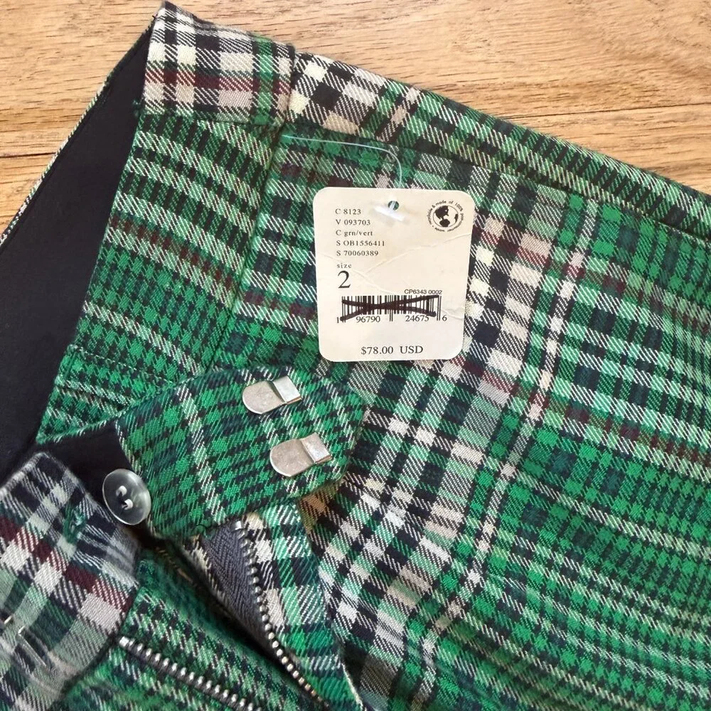 Free People All For Me Plaid Low Rise Green Cuffed Pants NWT Size 2